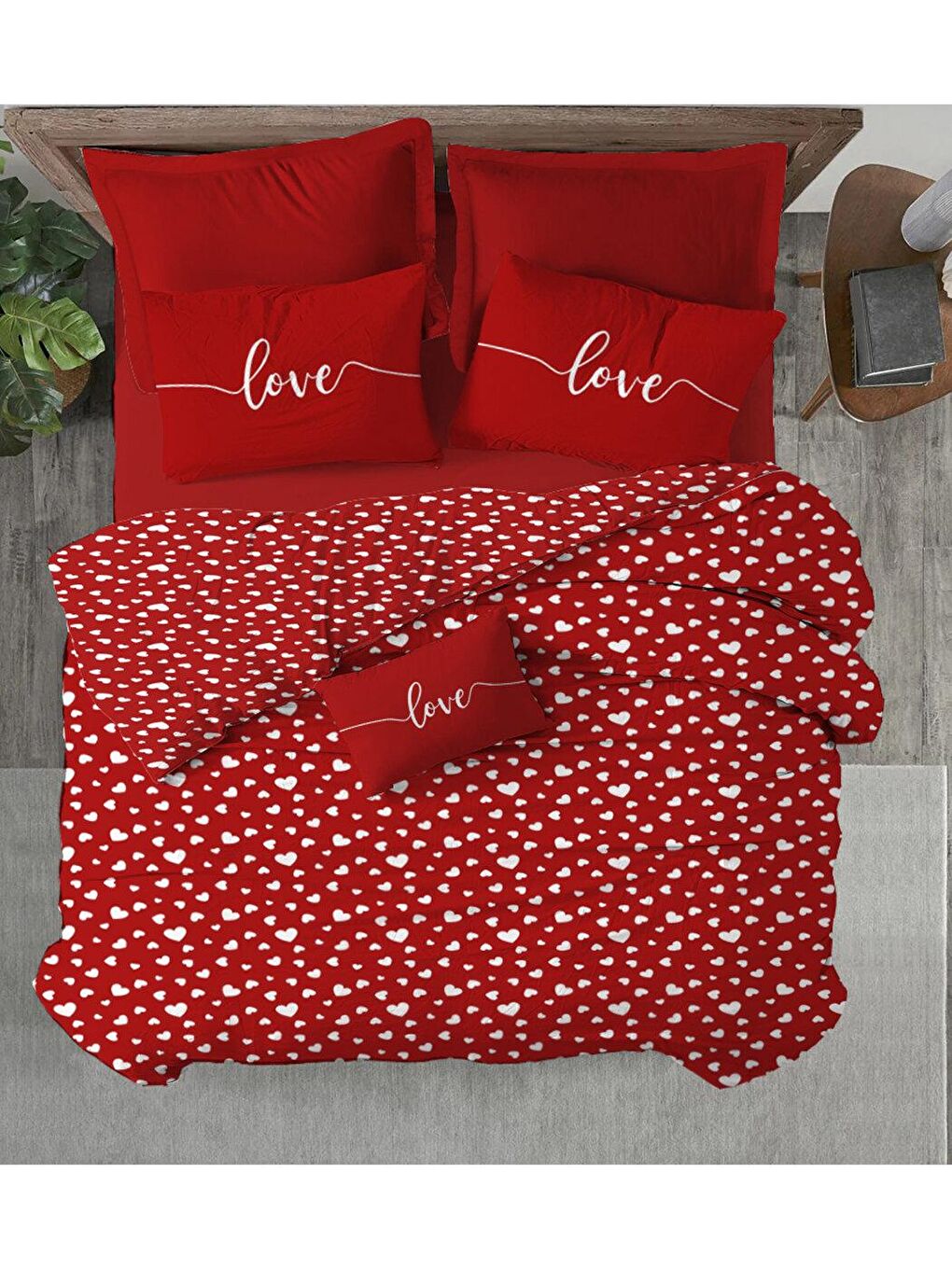 Kırmızı Kalp, sevgililer günü özel desen baskılı çift Kişilik 200x220 Cm ÇARŞAFSIZ Nevresim Takımı-1