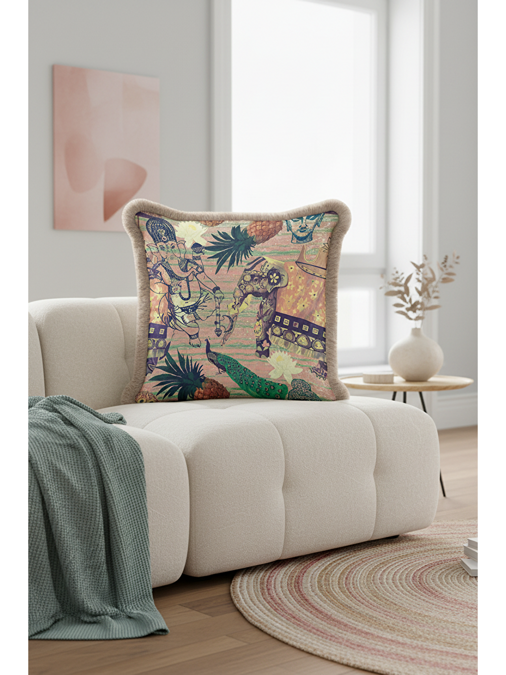 Karışık Hint Esintili Şatafatlı Saçaklı Yastık Kılıfı - Tropikal Bohem Zarif Bej Püsküllü Kırlent Kılıfı-3