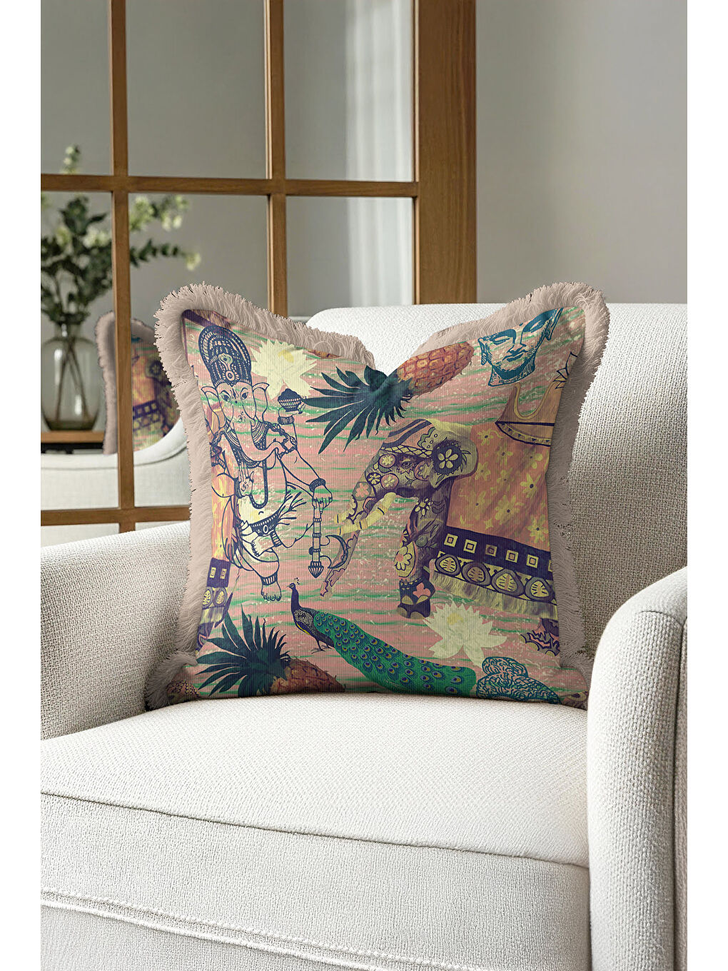 Karışık Hint Esintili Şatafatlı Saçaklı Yastık Kılıfı - Tropikal Bohem Zarif Bej Püsküllü Kırlent Kılıfı-4