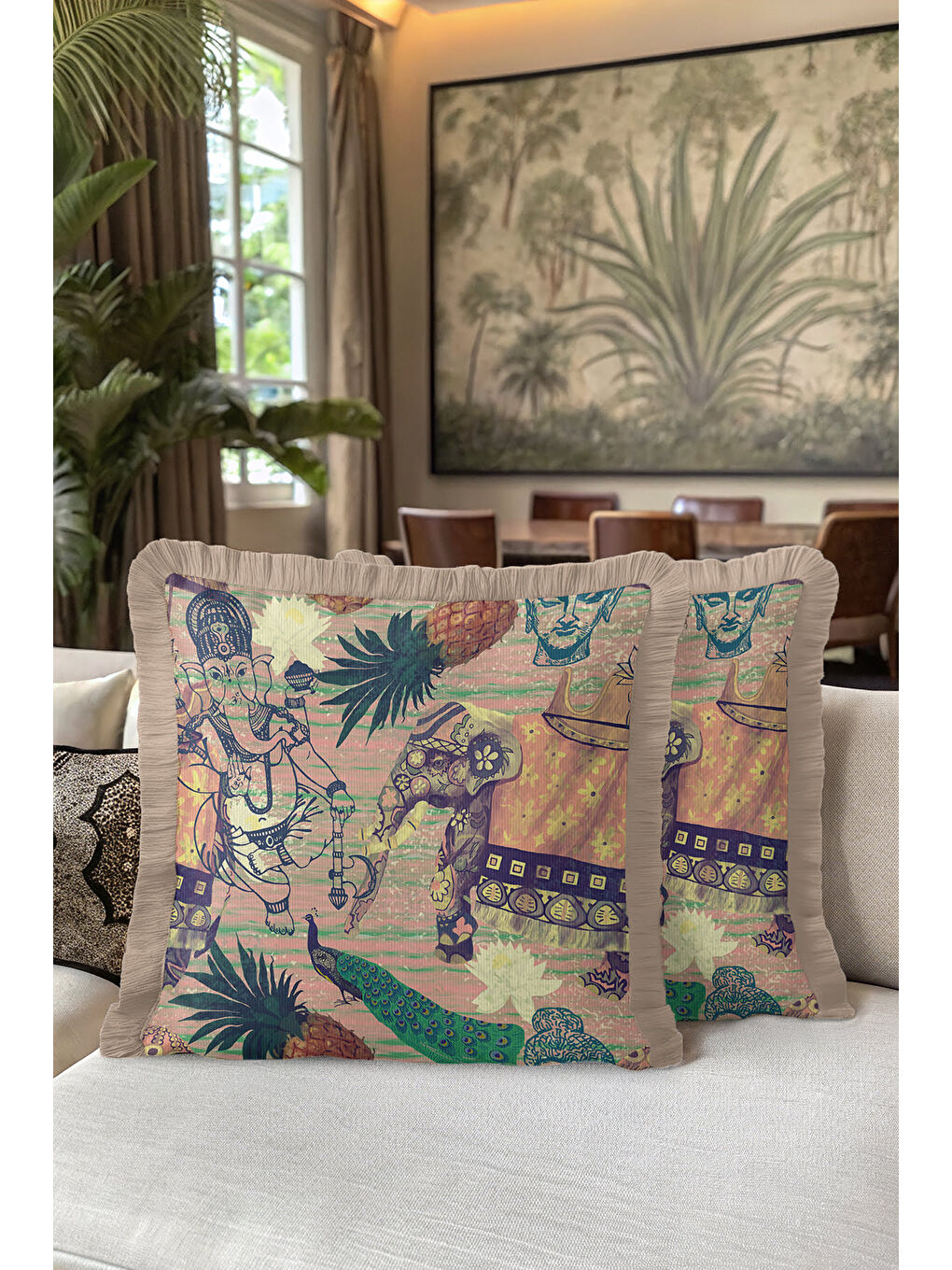 Karışık Hint Esintili Şatafatlı Saçaklı Yastık Kılıfı - Tropikal Bohem Zarif Bej Püsküllü Kırlent Kılıfı-5