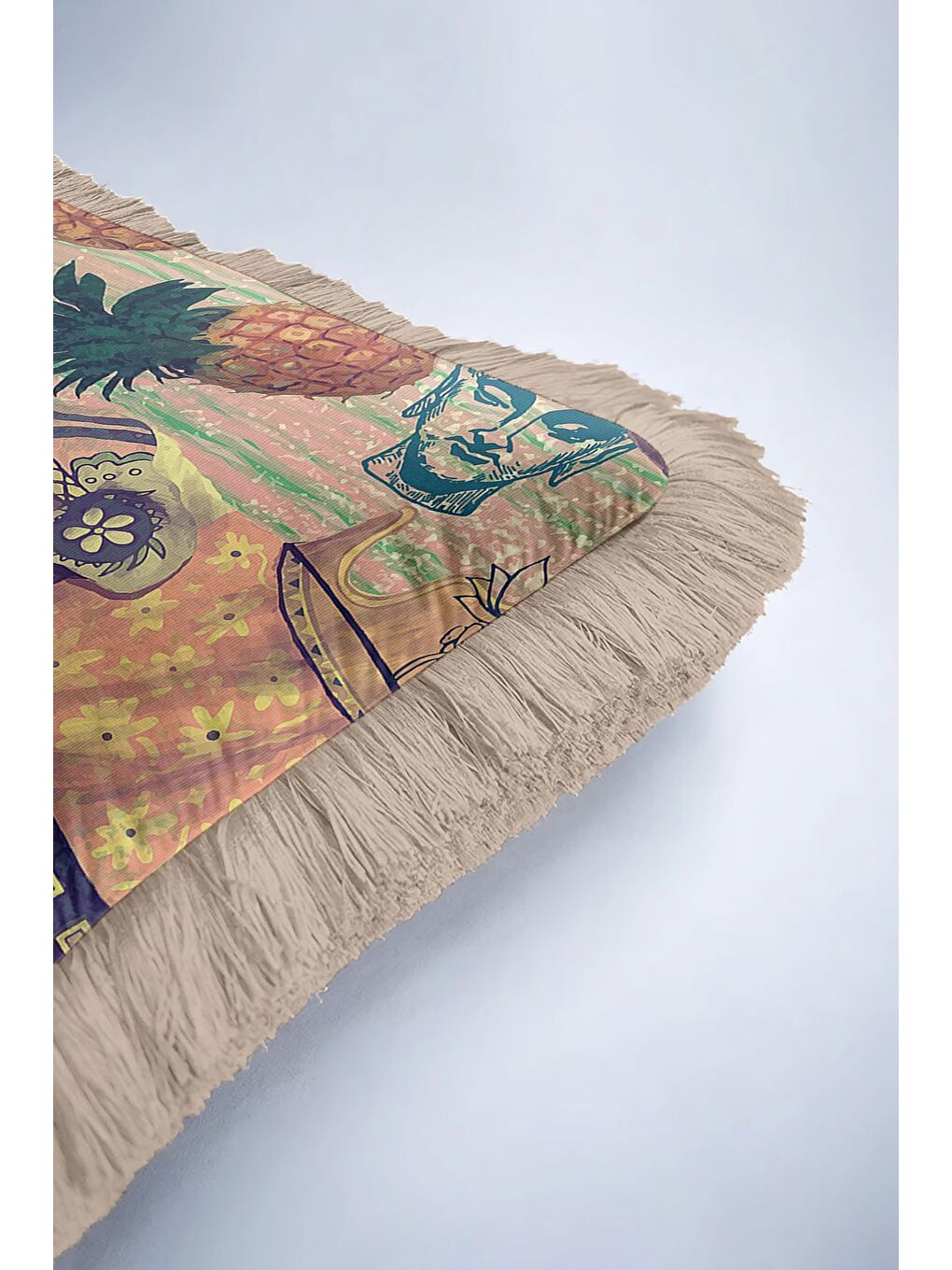Karışık Hint Esintili Şatafatlı Saçaklı Yastık Kılıfı - Tropikal Bohem Zarif Bej Püsküllü Kırlent Kılıfı-6