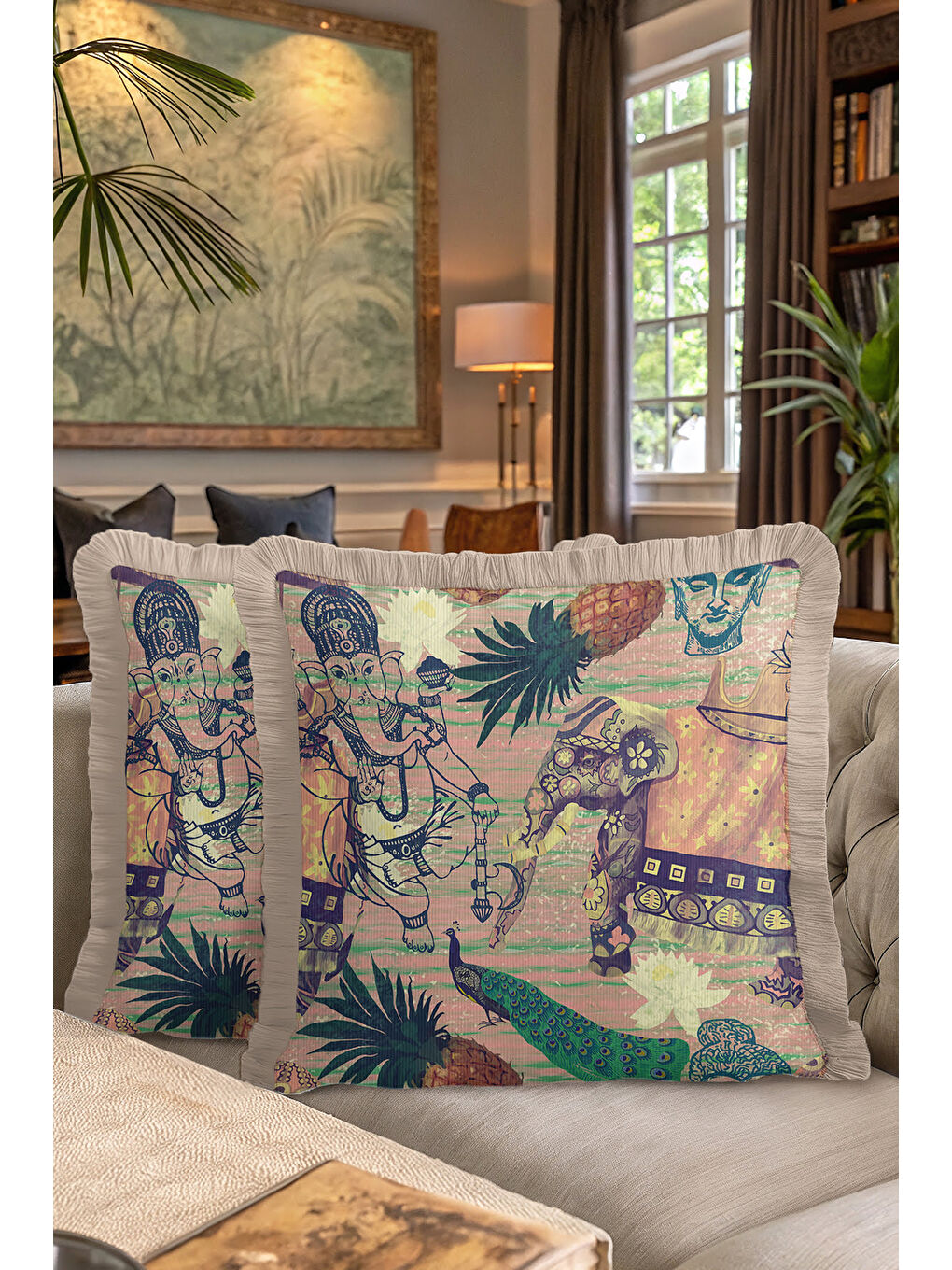 Karışık Hint Esintili Şatafatlı Saçaklı Yastık Kılıfı - Tropikal Bohem Zarif Bej Püsküllü Kırlent Kılıfı-7