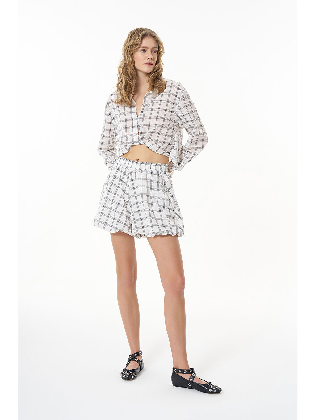 Bağlama Detaylı Çizgili Gömlek Ekru-1