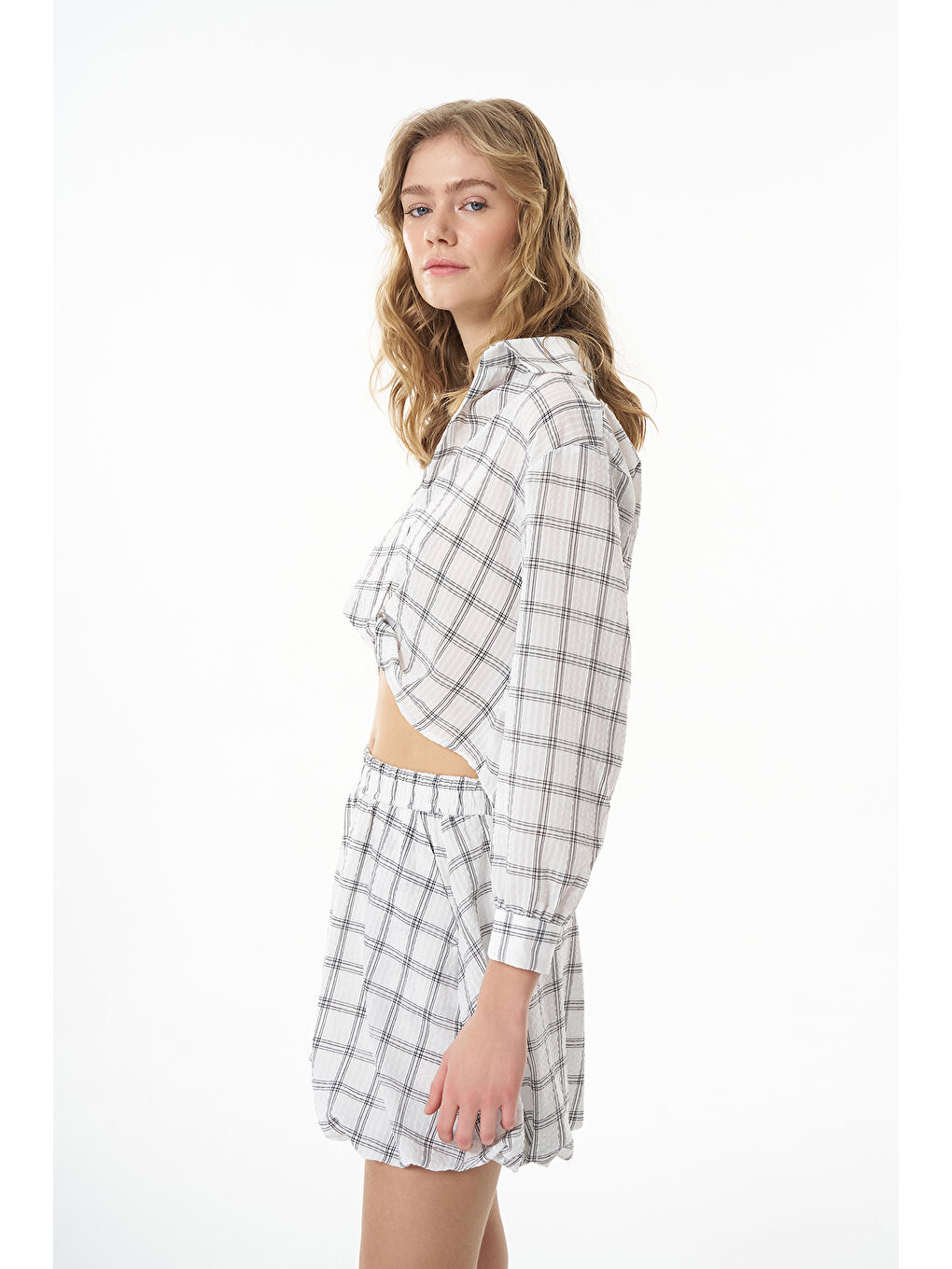 Bağlama Detaylı Çizgili Gömlek Ekru-2