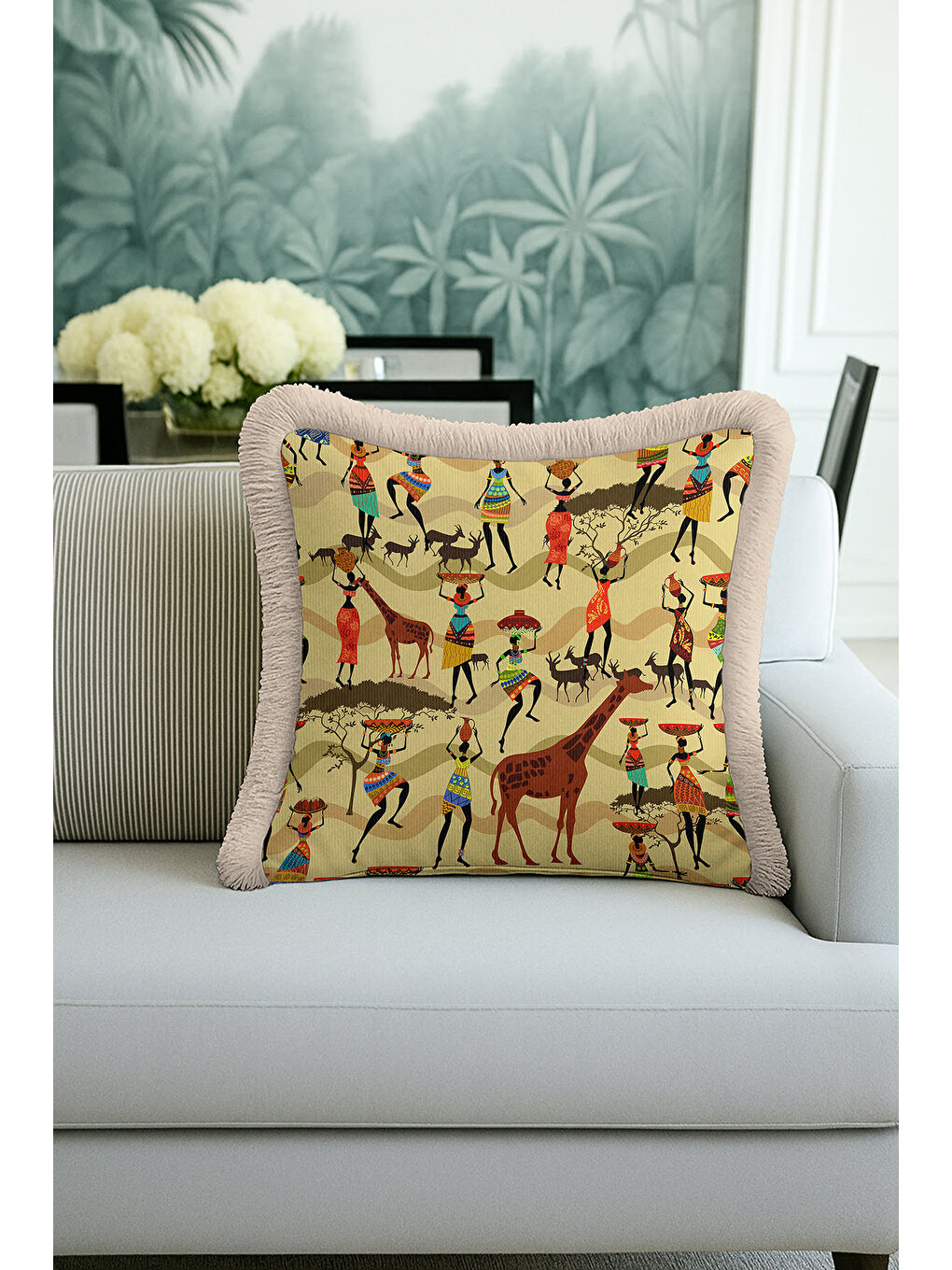 Karışık Afrika Kültürü Saçaklı Yastık Kılıfı - Etnik Safari Temalı Bej Püsküllü Kırlent Kılıfı-1