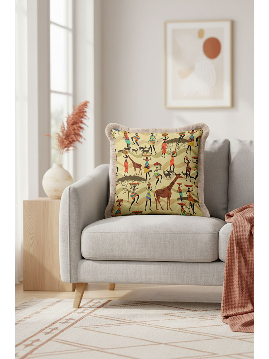 Karışık Afrika Kültürü Saçaklı Yastık Kılıfı - Etnik Safari Temalı Bej Püsküllü Kırlent Kılıfı-2