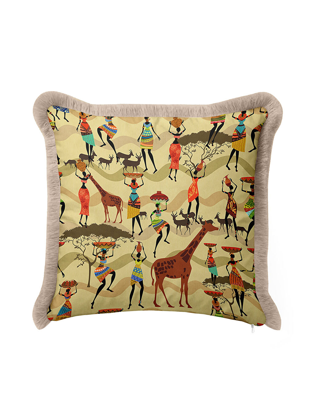 Karışık Afrika Kültürü Saçaklı Yastık Kılıfı - Etnik Safari Temalı Bej Püsküllü Kırlent Kılıfı-3