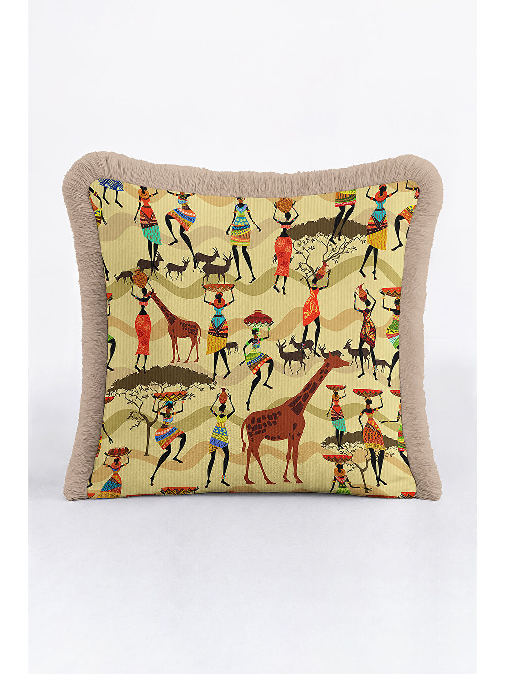Karışık Afrika Kültürü Saçaklı Yastık Kılıfı - Etnik Safari Temalı Bej Püsküllü Kırlent Kılıfı-4