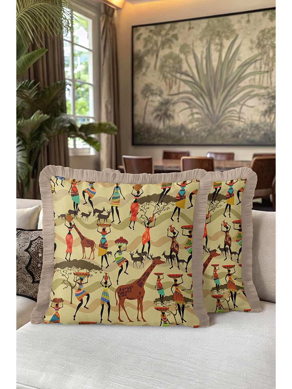 Karışık Afrika Kültürü Saçaklı Yastık Kılıfı - Etnik Safari Temalı Bej Püsküllü Kırlent Kılıfı-5