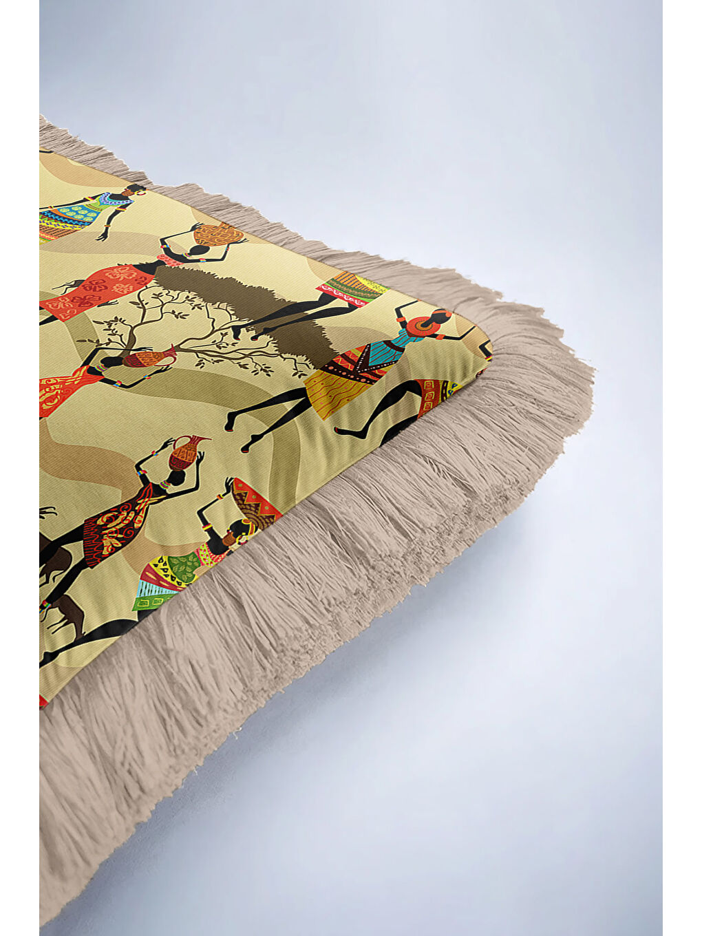 Karışık Afrika Kültürü Saçaklı Yastık Kılıfı - Etnik Safari Temalı Bej Püsküllü Kırlent Kılıfı-6