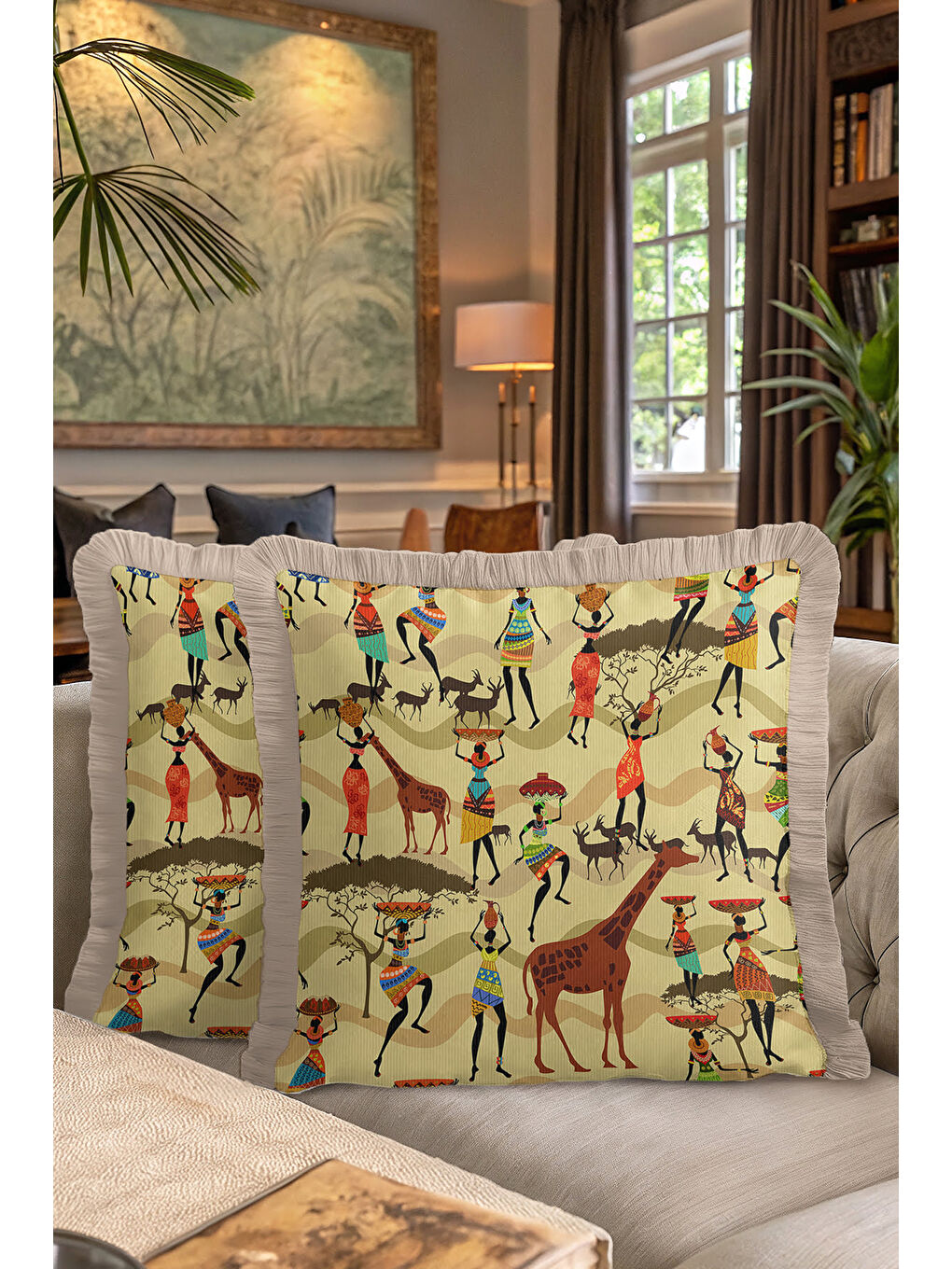 Karışık Afrika Kültürü Saçaklı Yastık Kılıfı - Etnik Safari Temalı Bej Püsküllü Kırlent Kılıfı-7