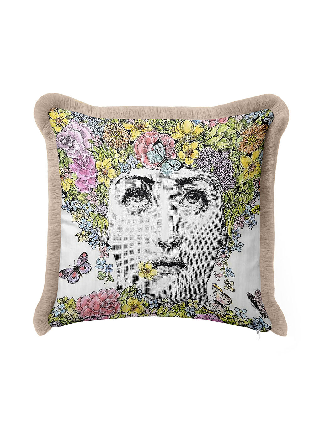Karışık Sanatsal Çiçekli Saçaklı Yastık Kılıfı - Renkli İllüstrasyon Bohem Sarı Bej Püsküllü Kırlent Kılıfı