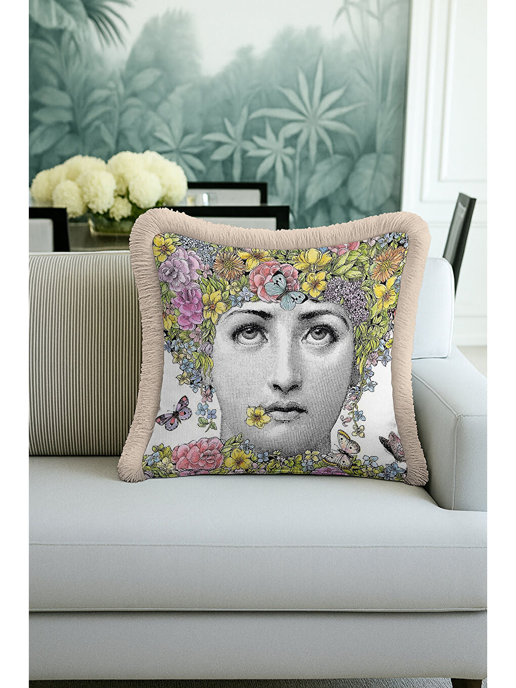 Karışık Sanatsal Çiçekli Saçaklı Yastık Kılıfı - Renkli İllüstrasyon Bohem Sarı Bej Püsküllü Kırlent Kılıfı-2