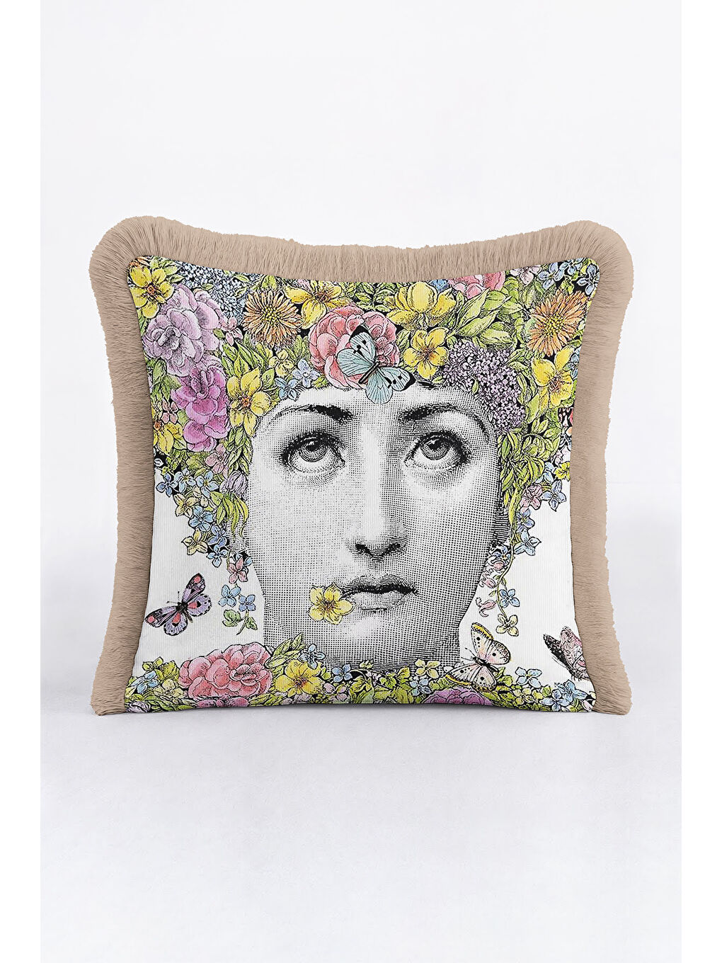 Karışık Sanatsal Çiçekli Saçaklı Yastık Kılıfı - Renkli İllüstrasyon Bohem Sarı Bej Püsküllü Kırlent Kılıfı-3