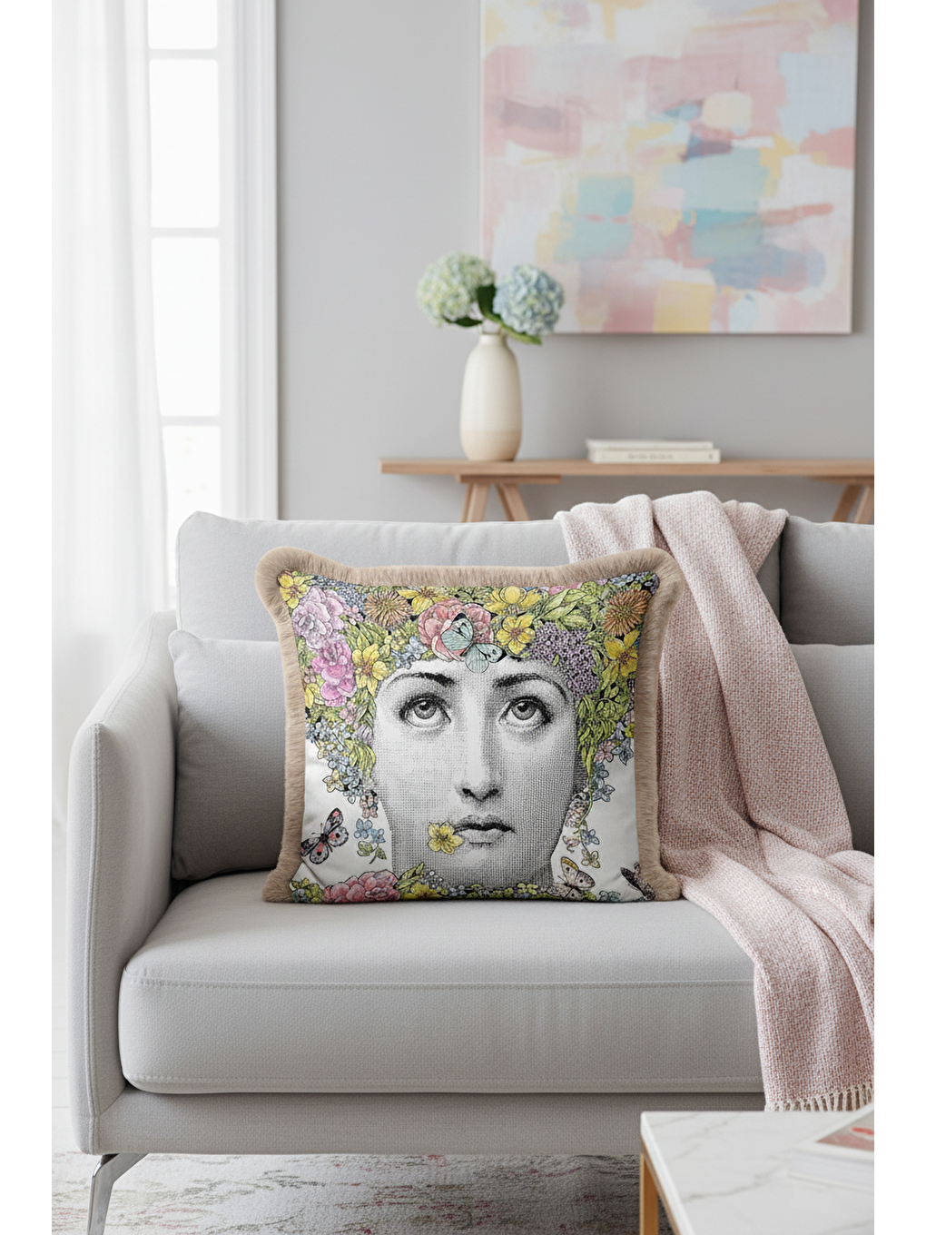 Karışık Sanatsal Çiçekli Saçaklı Yastık Kılıfı - Renkli İllüstrasyon Bohem Sarı Bej Püsküllü Kırlent Kılıfı-4