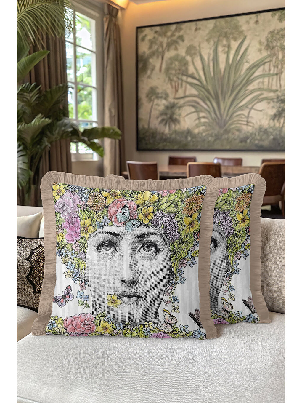 Karışık Sanatsal Çiçekli Saçaklı Yastık Kılıfı - Renkli İllüstrasyon Bohem Sarı Bej Püsküllü Kırlent Kılıfı-5