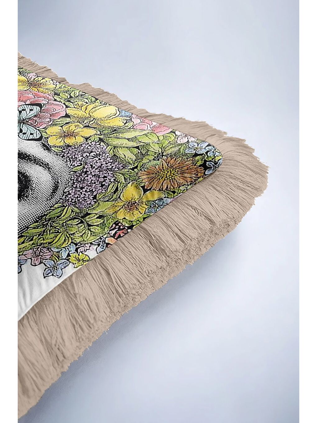 Karışık Sanatsal Çiçekli Saçaklı Yastık Kılıfı - Renkli İllüstrasyon Bohem Sarı Bej Püsküllü Kırlent Kılıfı-6