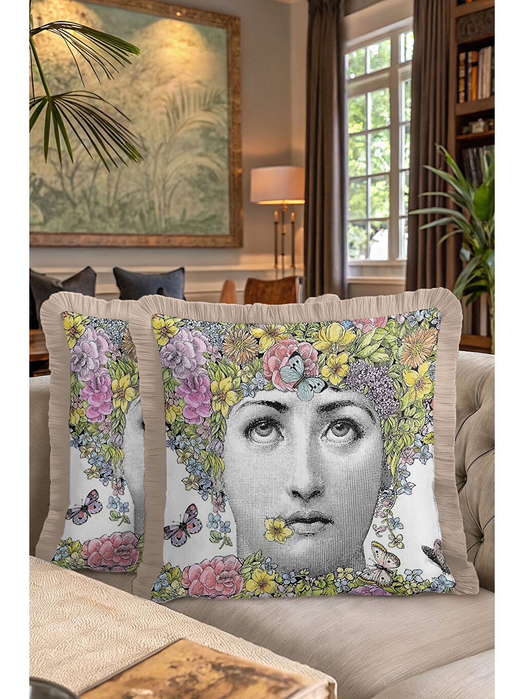 Karışık Sanatsal Çiçekli Saçaklı Yastık Kılıfı - Renkli İllüstrasyon Bohem Sarı Bej Püsküllü Kırlent Kılıfı-7
