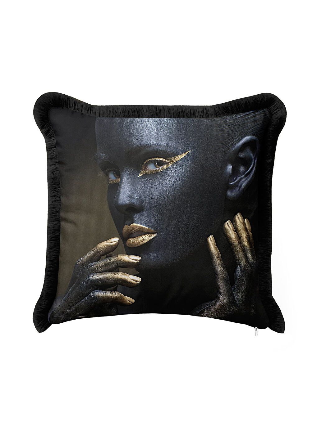 Karışık Lüks Modern Sanat Saçaklı Yastık Kılıfı - Avantgarde Dekor Siyah Altın Renk Püsküllü Kırlent Kılıfı