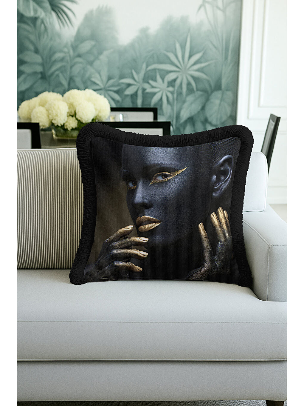 Karışık Lüks Modern Sanat Saçaklı Yastık Kılıfı - Avantgarde Dekor Siyah Altın Renk Püsküllü Kırlent Kılıfı-1
