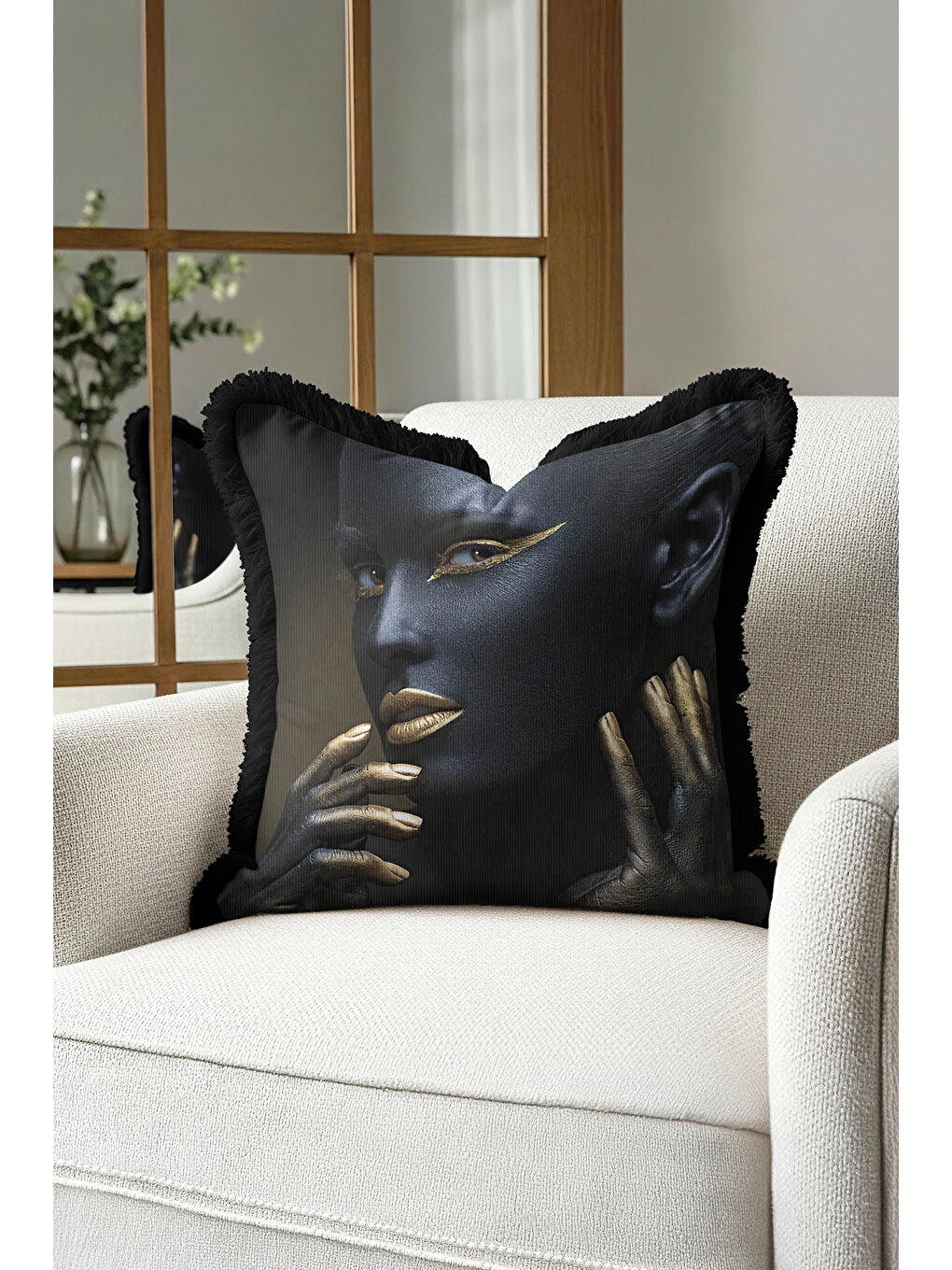 Karışık Lüks Modern Sanat Saçaklı Yastık Kılıfı - Avantgarde Dekor Siyah Altın Renk Püsküllü Kırlent Kılıfı-2