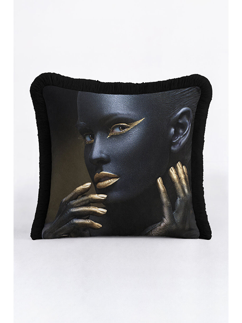 Karışık Lüks Modern Sanat Saçaklı Yastık Kılıfı - Avantgarde Dekor Siyah Altın Renk Püsküllü Kırlent Kılıfı-3