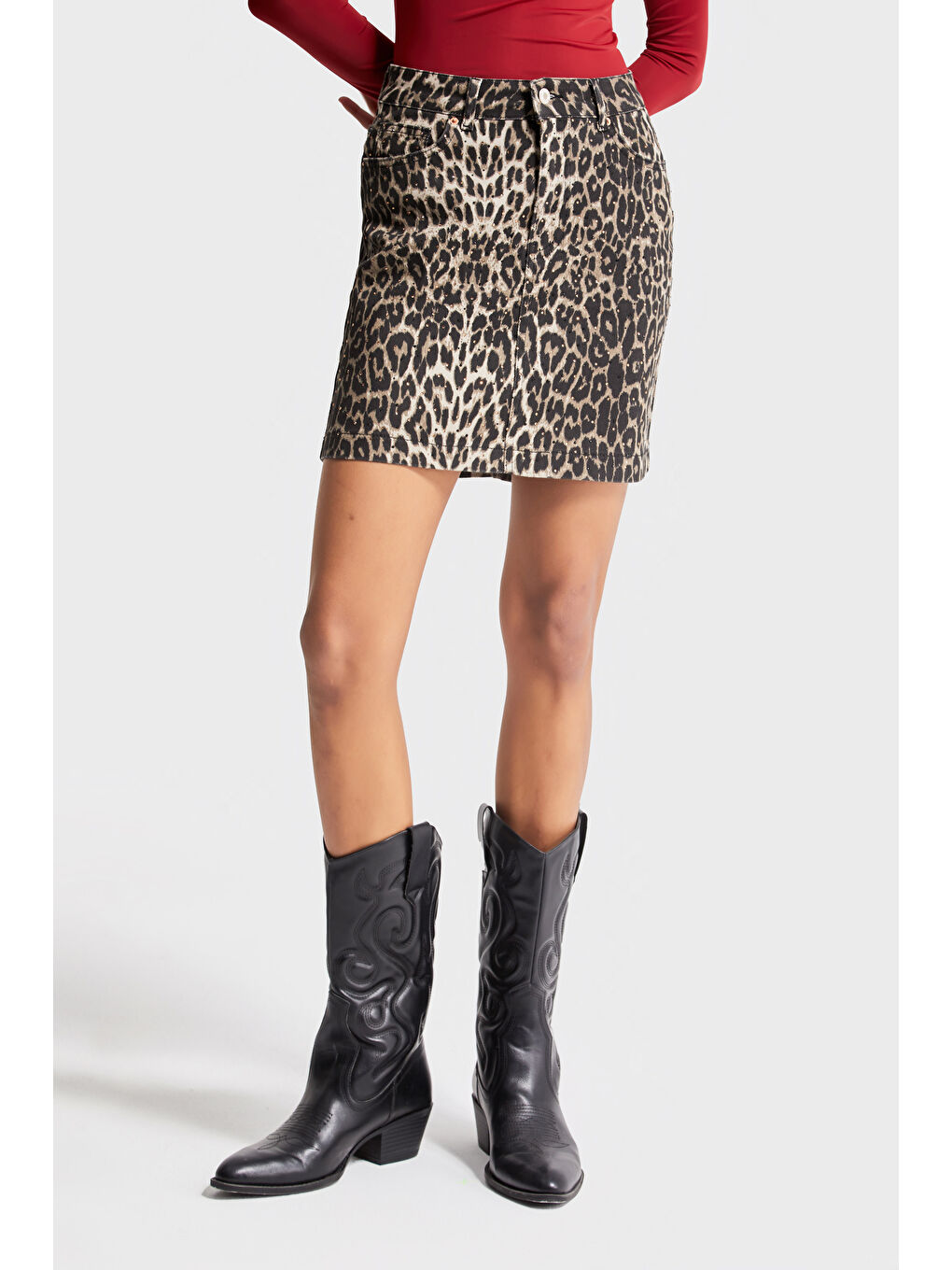 Kahverengi Kadın Leopar Renk Parlak Taşlı Mini Etek-1