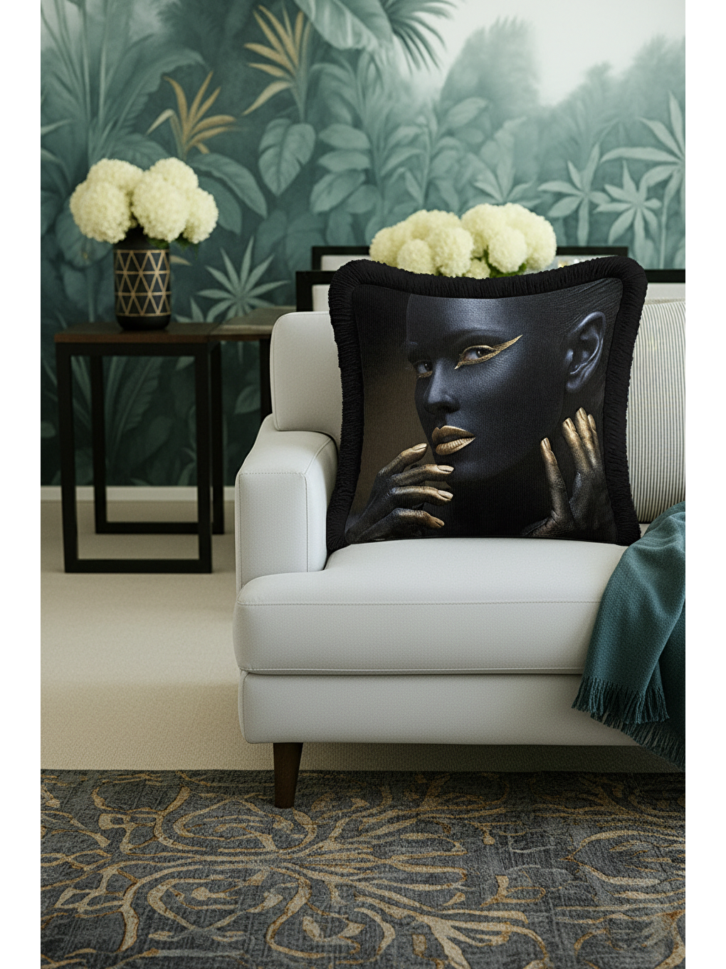 Karışık Lüks Modern Sanat Saçaklı Yastık Kılıfı - Avantgarde Dekor Siyah Altın Renk Püsküllü Kırlent Kılıfı-4