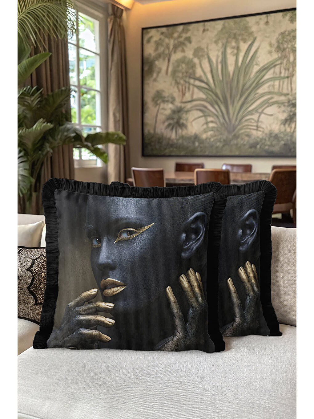 Karışık Lüks Modern Sanat Saçaklı Yastık Kılıfı - Avantgarde Dekor Siyah Altın Renk Püsküllü Kırlent Kılıfı-5