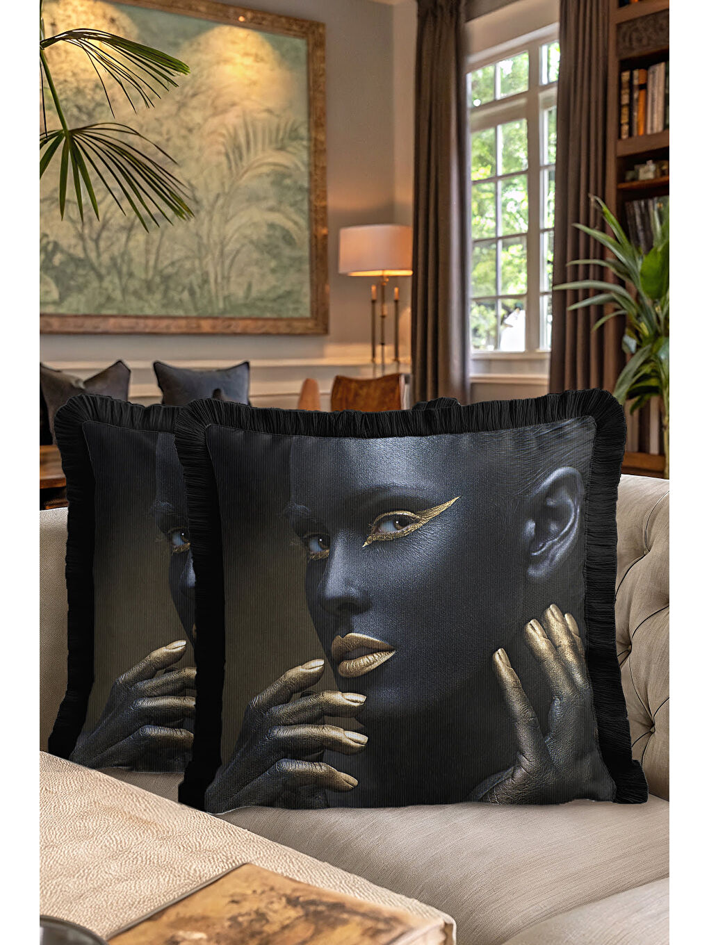 Karışık Lüks Modern Sanat Saçaklı Yastık Kılıfı - Avantgarde Dekor Siyah Altın Renk Püsküllü Kırlent Kılıfı-7