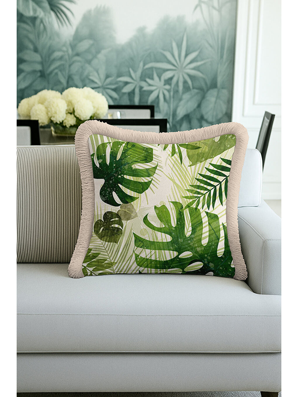 Karışık Tropikal Yapraklı Saçaklı Yastık Kılıfı - Doğal Yeşil Bohem Bej Püsküllü Kırlent Kılıfı