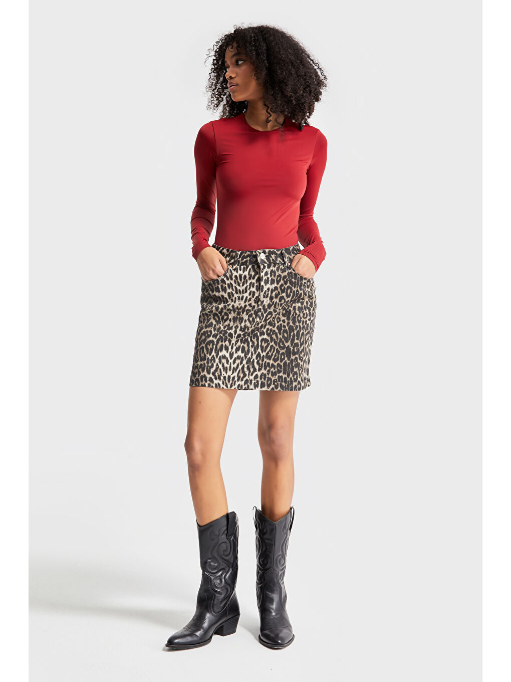 Kahverengi Kadın Leopar Renk Parlak Taşlı Mini Etek-5