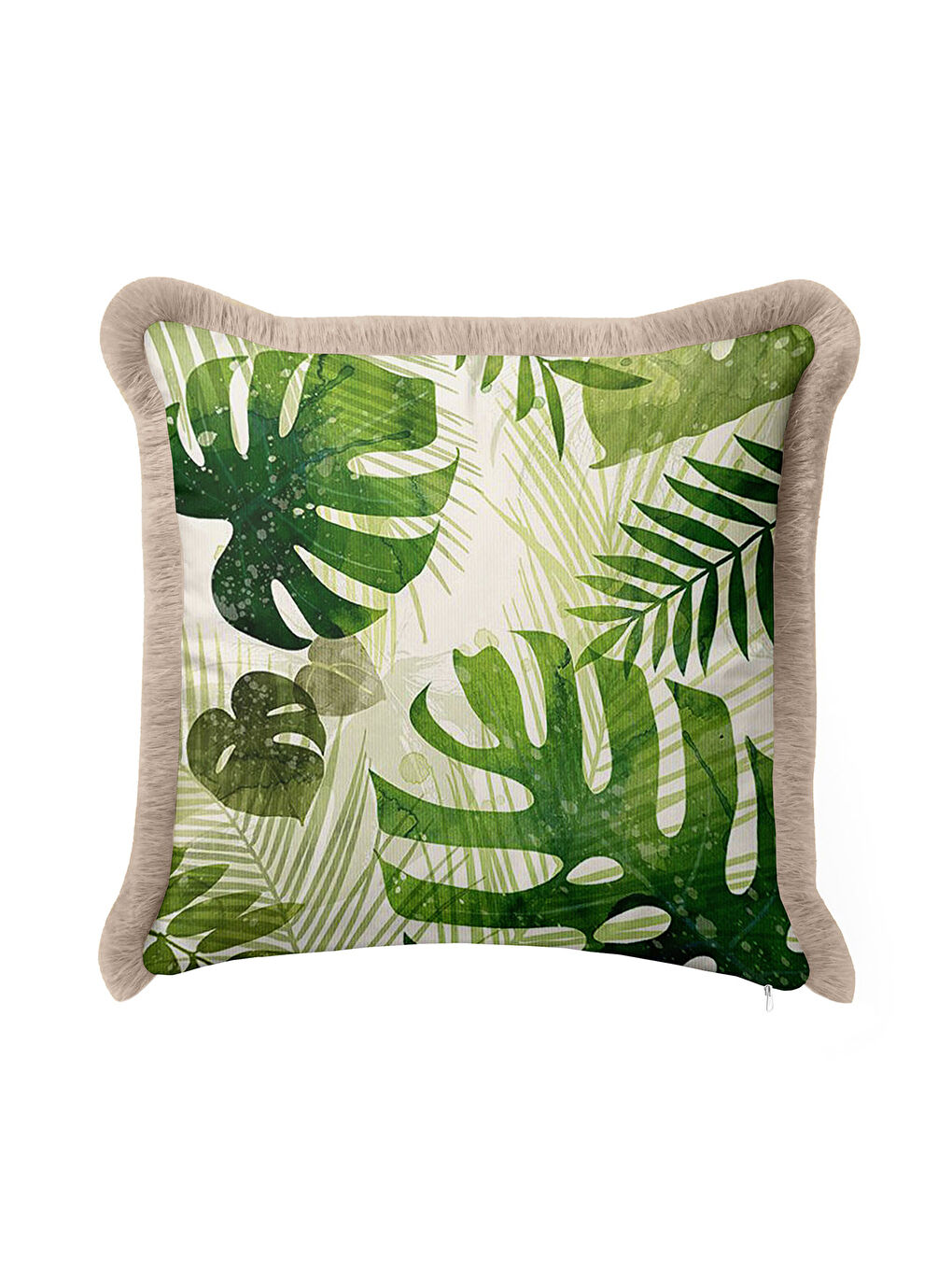 Karışık Tropikal Yapraklı Saçaklı Yastık Kılıfı - Doğal Yeşil Bohem Bej Püsküllü Kırlent Kılıfı-1