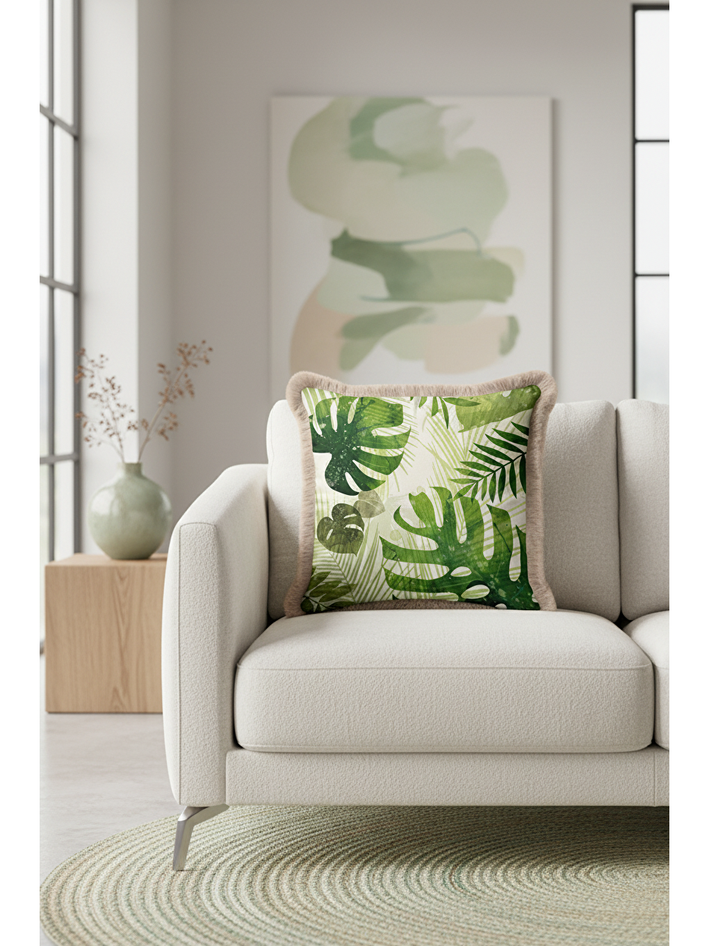 Karışık Tropikal Yapraklı Saçaklı Yastık Kılıfı - Doğal Yeşil Bohem Bej Püsküllü Kırlent Kılıfı-2