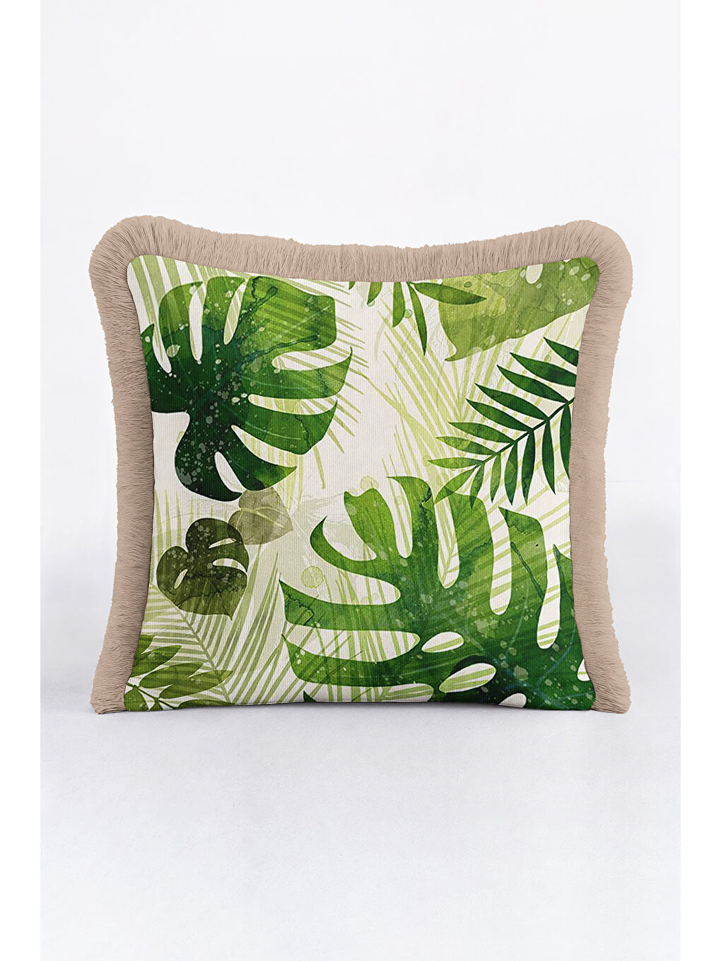 Karışık Tropikal Yapraklı Saçaklı Yastık Kılıfı - Doğal Yeşil Bohem Bej Püsküllü Kırlent Kılıfı-3