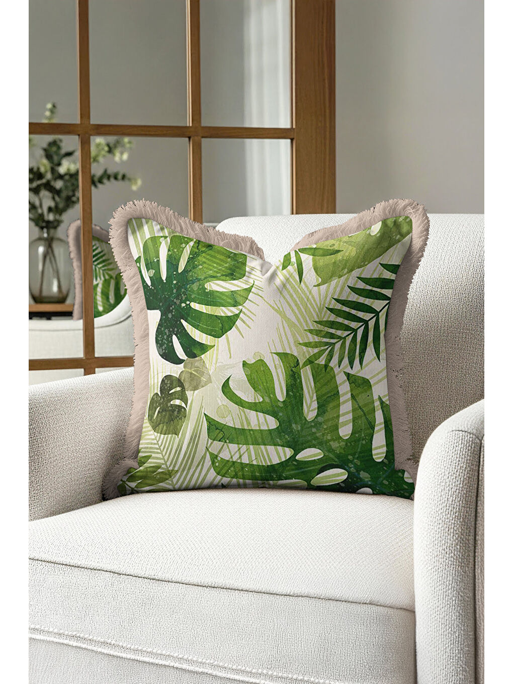 Karışık Tropikal Yapraklı Saçaklı Yastık Kılıfı - Doğal Yeşil Bohem Bej Püsküllü Kırlent Kılıfı-4