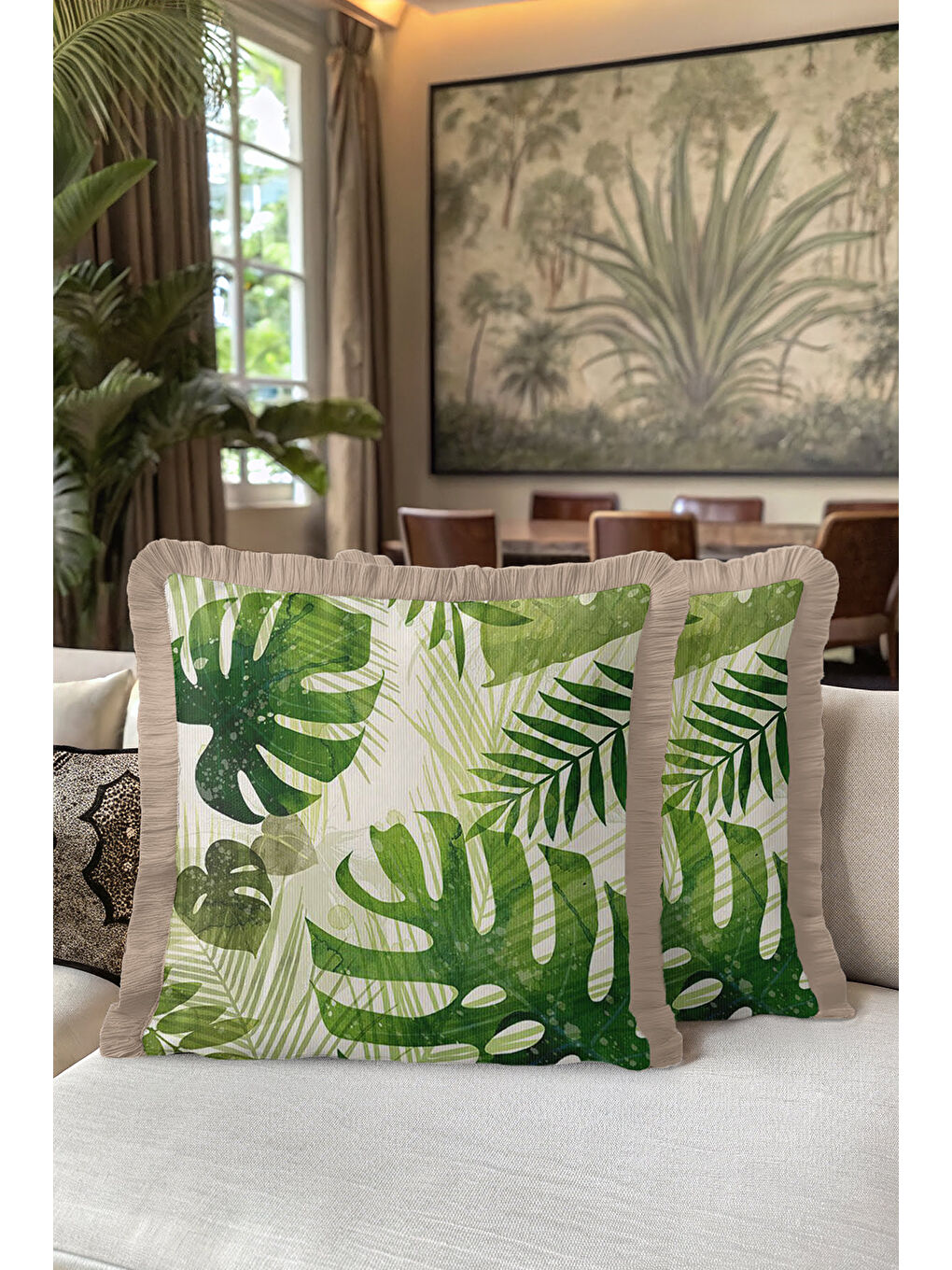 Karışık Tropikal Yapraklı Saçaklı Yastık Kılıfı - Doğal Yeşil Bohem Bej Püsküllü Kırlent Kılıfı-5