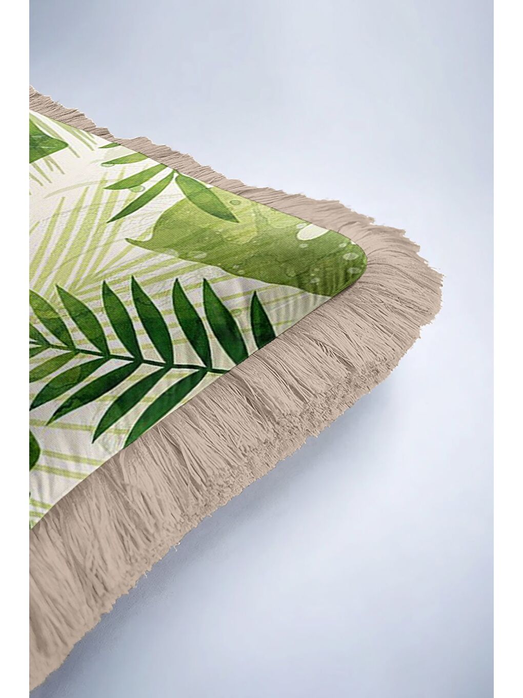 Karışık Tropikal Yapraklı Saçaklı Yastık Kılıfı - Doğal Yeşil Bohem Bej Püsküllü Kırlent Kılıfı-6