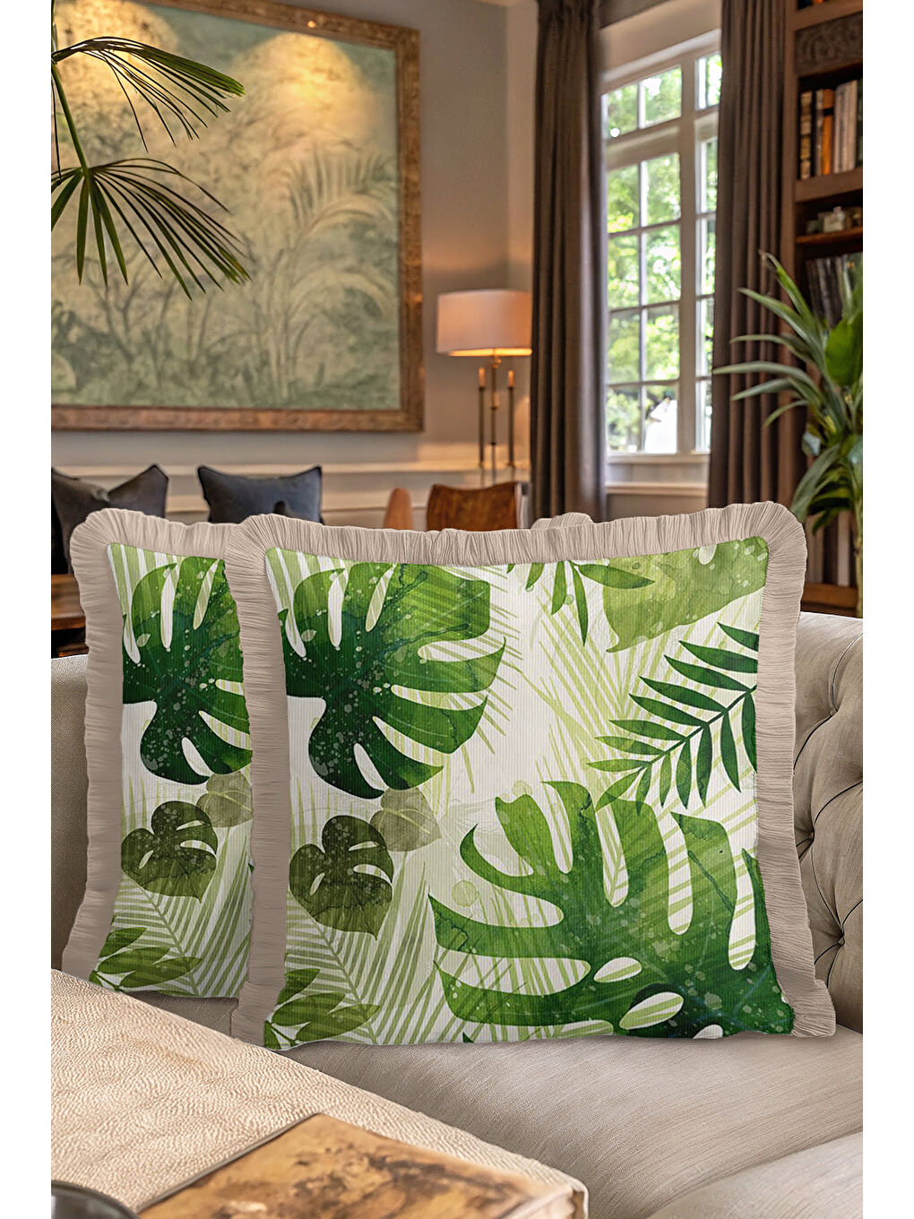 Karışık Tropikal Yapraklı Saçaklı Yastık Kılıfı - Doğal Yeşil Bohem Bej Püsküllü Kırlent Kılıfı-7