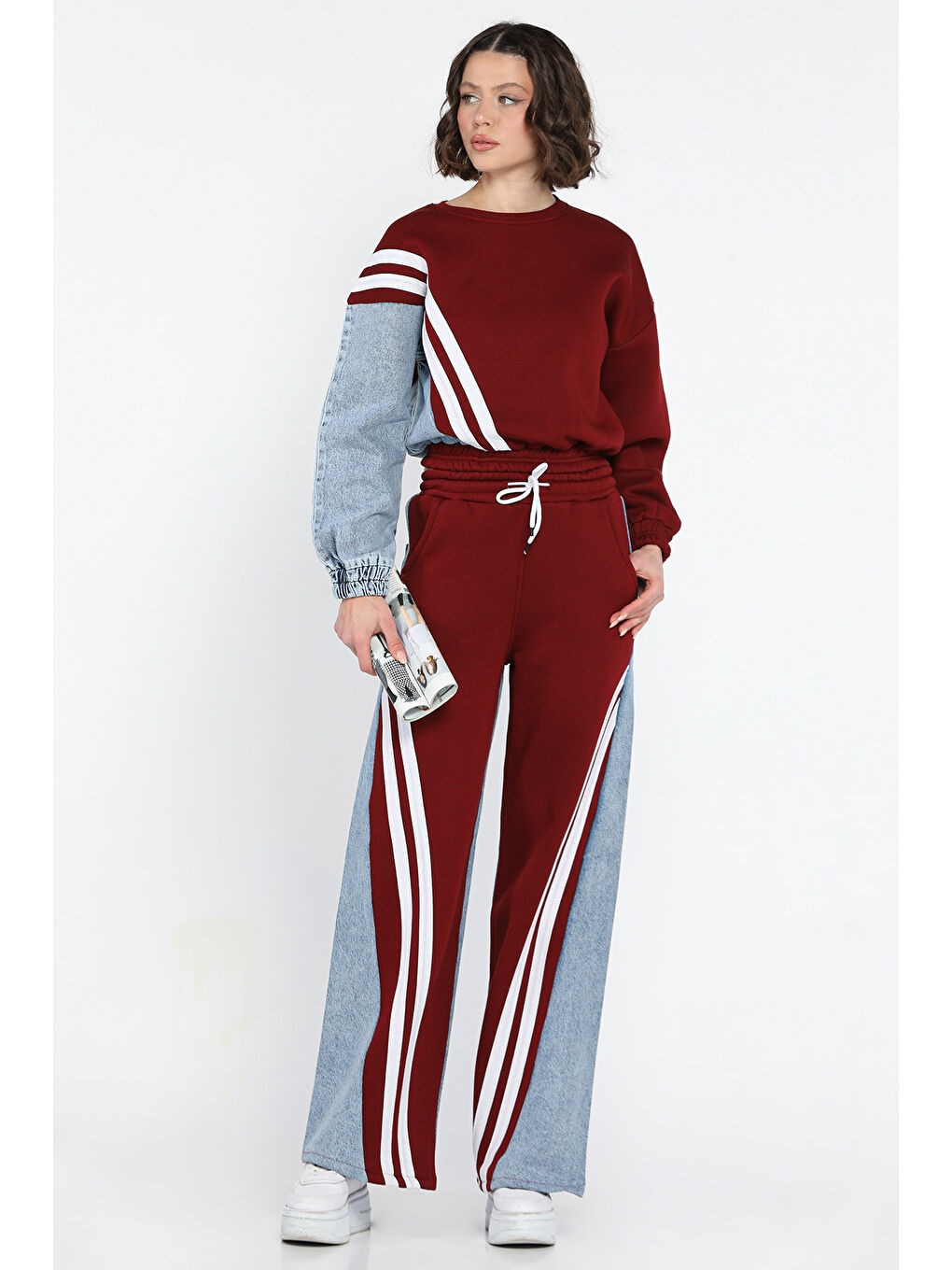 Bordo Jean Garnili Sweat Pantolon İkili Takım