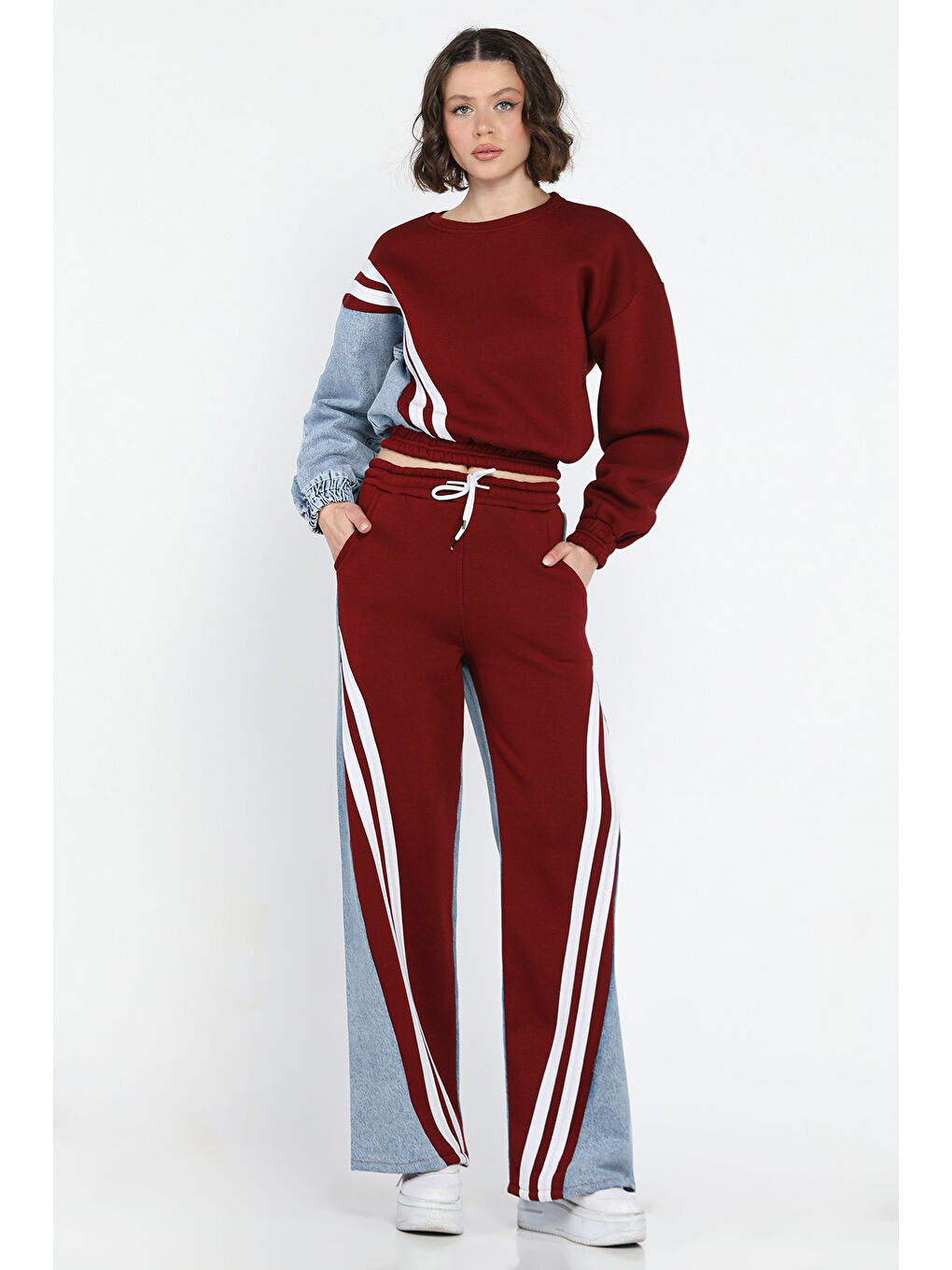 Bordo Jean Garnili Sweat Pantolon İkili Takım-1