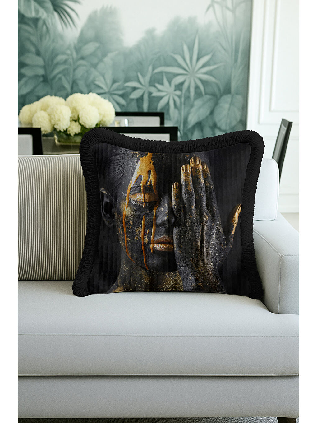 Karışık Sanatsal Siyah Altın Renkli Saçaklı Yastık Kılıfı - Artistik Afro Modern Püsküllü Kırlent Kılıfı-1