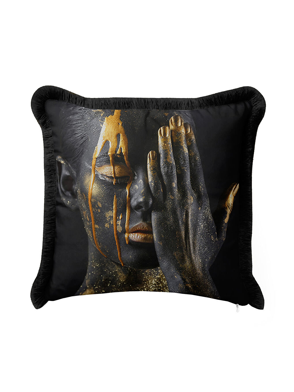 Karışık Sanatsal Siyah Altın Renkli Saçaklı Yastık Kılıfı - Artistik Afro Modern Püsküllü Kırlent Kılıfı-2