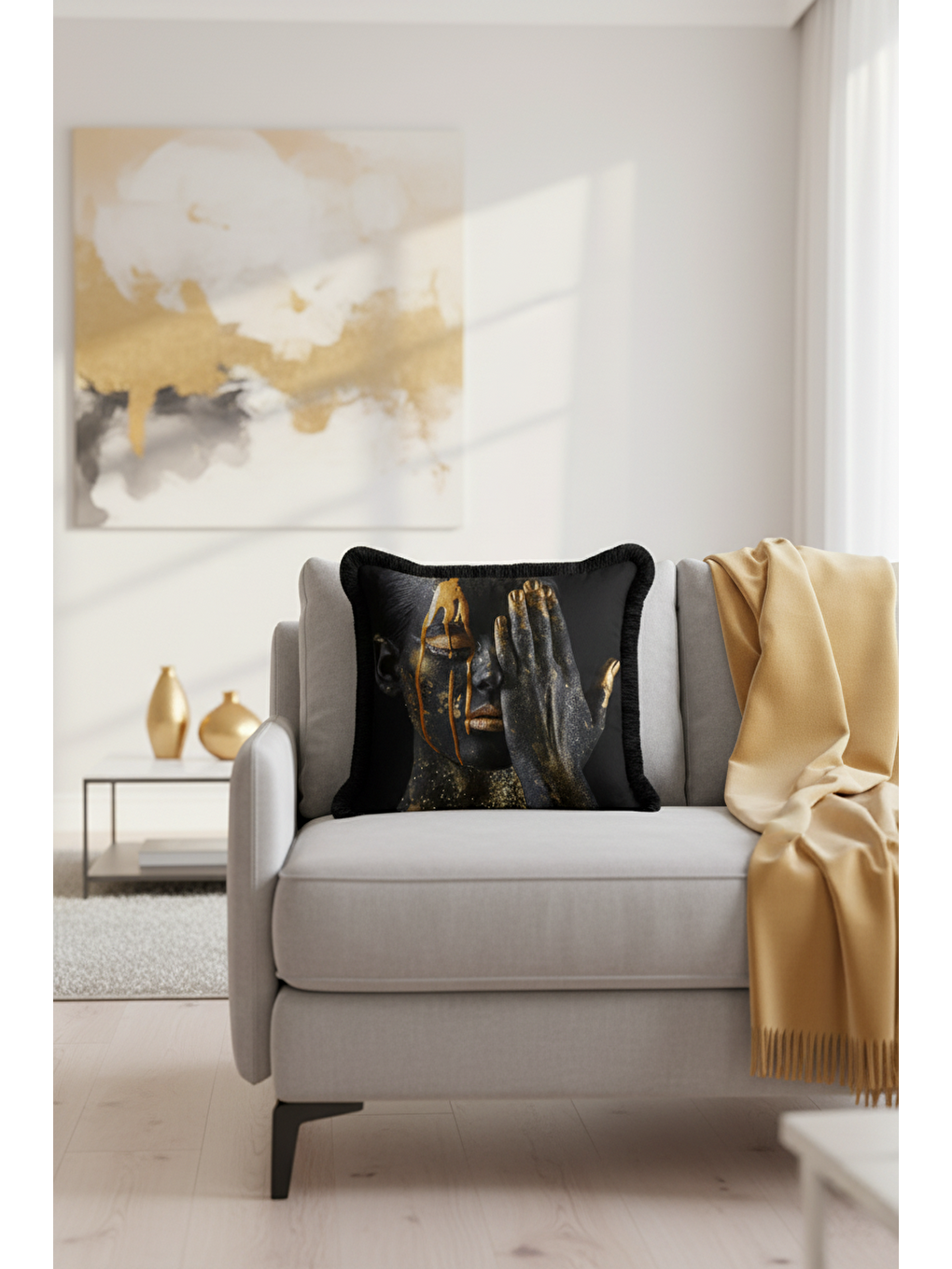 Karışık Sanatsal Siyah Altın Renkli Saçaklı Yastık Kılıfı - Artistik Afro Modern Püsküllü Kırlent Kılıfı-3