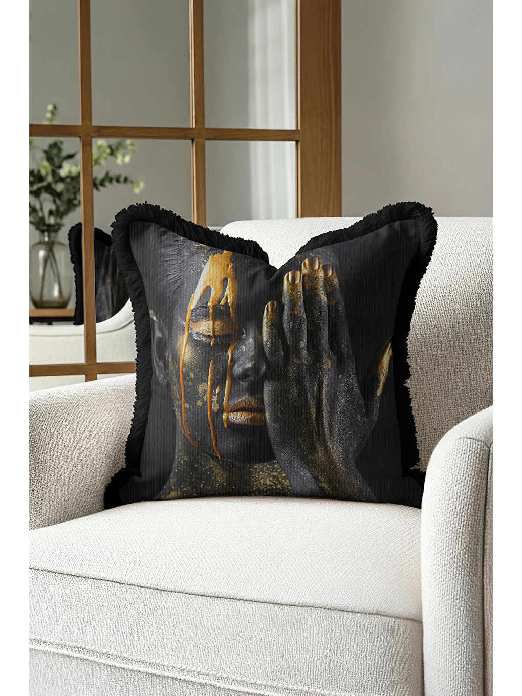 Karışık Sanatsal Siyah Altın Renkli Saçaklı Yastık Kılıfı - Artistik Afro Modern Püsküllü Kırlent Kılıfı-4