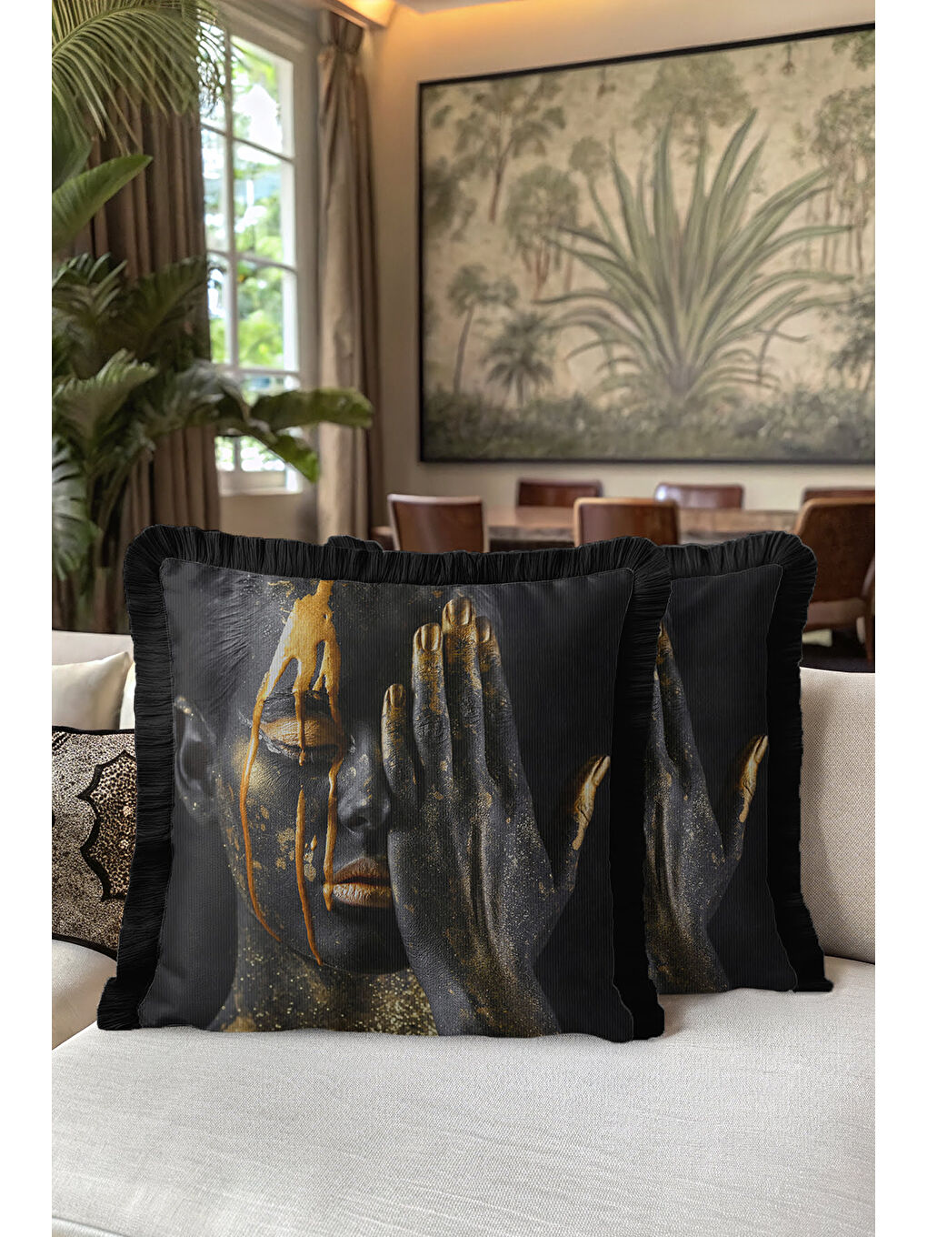 Karışık Sanatsal Siyah Altın Renkli Saçaklı Yastık Kılıfı - Artistik Afro Modern Püsküllü Kırlent Kılıfı-5