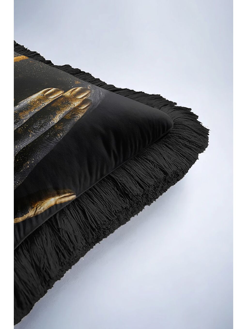 Karışık Sanatsal Siyah Altın Renkli Saçaklı Yastık Kılıfı - Artistik Afro Modern Püsküllü Kırlent Kılıfı-6