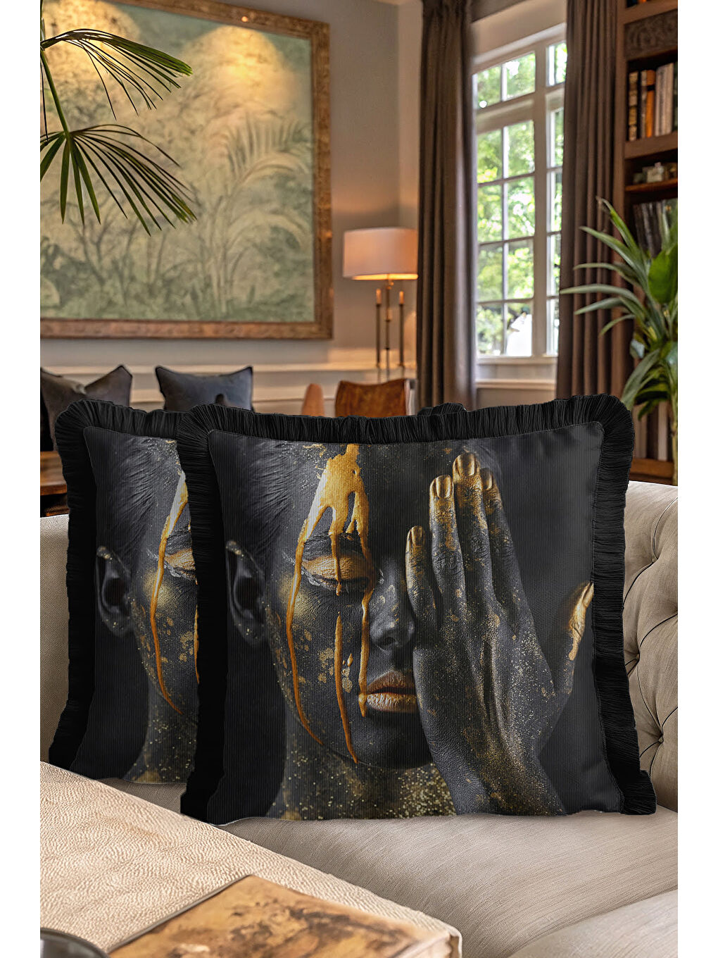 Karışık Sanatsal Siyah Altın Renkli Saçaklı Yastık Kılıfı - Artistik Afro Modern Püsküllü Kırlent Kılıfı-7