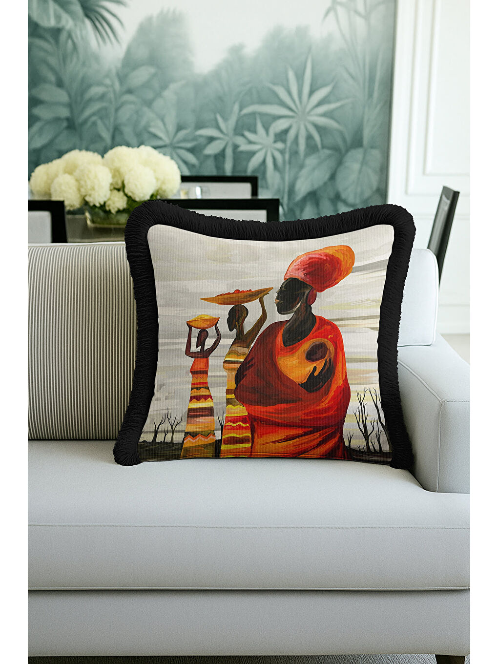 Karışık Afrika Sanatı Saçaklı Yastık Kılıfı - Etnik Kırmızı Siyah Püsküllü Kırlent Kılıfı