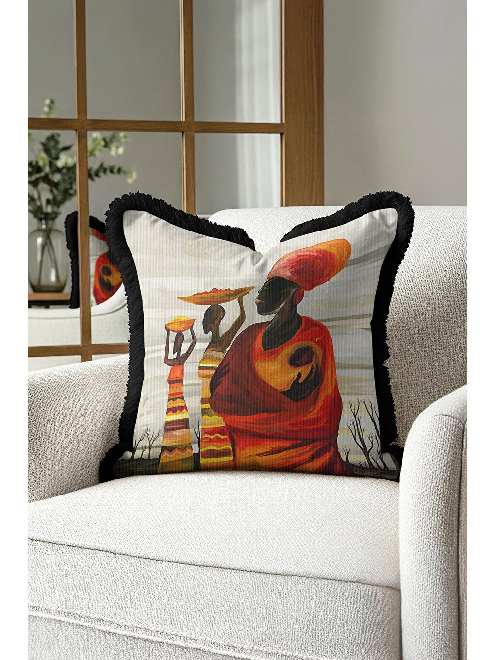 Karışık Afrika Sanatı Saçaklı Yastık Kılıfı - Etnik Kırmızı Siyah Püsküllü Kırlent Kılıfı-1